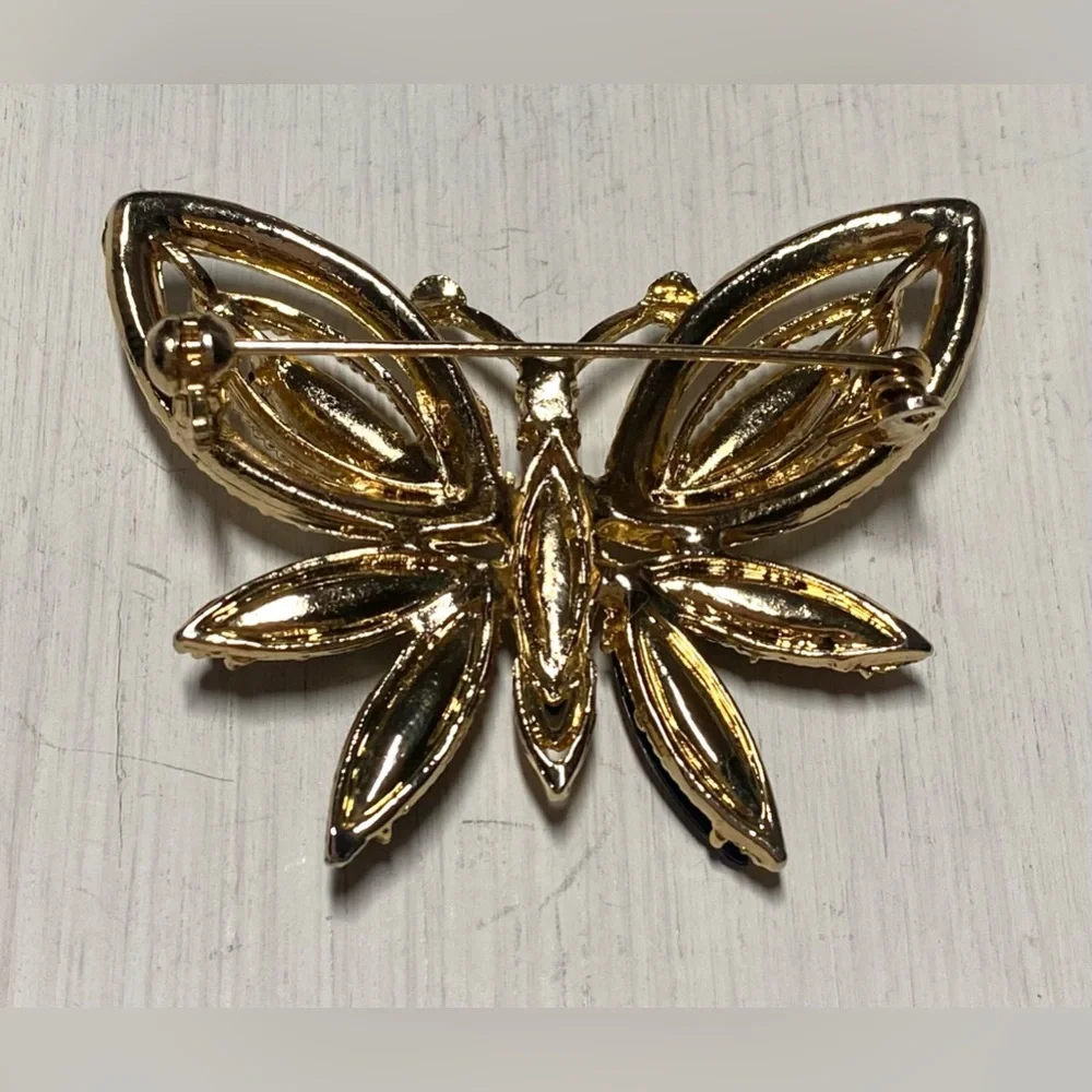 Vintage Black Gold Beaded Butterfly Brooch Pin Accessory Boho Fall Whimsigoth